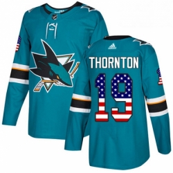 Mens Adidas San Jose Sharks 19 Joe Thornton Authentic Teal Green USA Flag Fashion NHL Jersey 