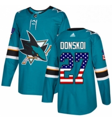 Mens Adidas San Jose Sharks 27 Joonas Donskoi Authentic Teal Green USA Flag Fashion NHL Jersey 