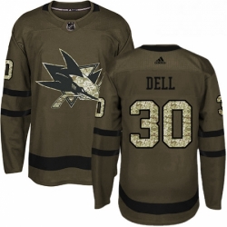 Mens Adidas San Jose Sharks 30 Aaron Dell Authentic Green Salute to Service NHL Jersey 