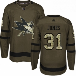 Mens Adidas San Jose Sharks 31 Martin Jones Authentic Green Salute to Service NHL Jersey 