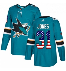 Mens Adidas San Jose Sharks 31 Martin Jones Authentic Teal Green USA Flag Fashion NHL Jersey 