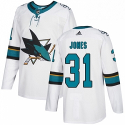 Mens Adidas San Jose Sharks 31 Martin Jones White Road Authentic Stitched NHL Jersey 