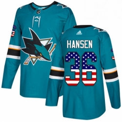 Mens Adidas San Jose Sharks 36 Jannik Hansen Authentic Teal Green USA Flag Fashion NHL Jersey 