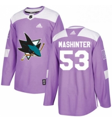 Mens Adidas San Jose Sharks 53 Brandon Mashinter Authentic Purple Fights Cancer Practice NHL Jersey 