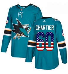 Mens Adidas San Jose Sharks 60 Rourke Chartier Authentic Teal Green USA Flag Fashion NHL Jersey 