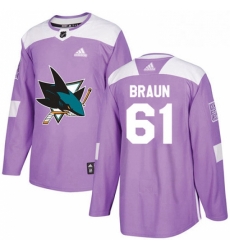 Mens Adidas San Jose Sharks 61 Justin Braun Authentic Purple Fights Cancer Practice NHL Jersey 