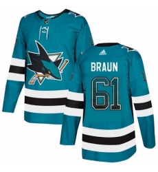 Mens Adidas San Jose Sharks 61 Justin Braun Authentic Teal Drift Fashion NHL Jersey 