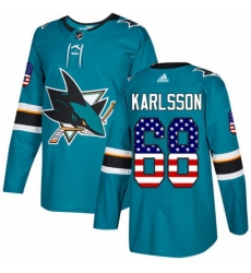 Mens Adidas San Jose Sharks 68 Melker Karlsson Authentic Teal Green USA Flag Fashion NHL Jersey 