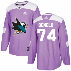 Mens Adidas San Jose Sharks 74 Dylan DeMelo Authentic Purple Fights Cancer Practice NHL Jersey 