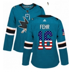 Womens Adidas San Jose Sharks 16 Eric Fehr Authentic Teal Green USA Flag Fashion NHL Jerse