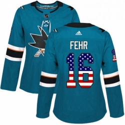 Womens Adidas San Jose Sharks 16 Eric Fehr Authentic Teal Green USA Flag Fashion NHL Jersey 