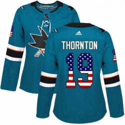 Womens Adidas San Jose Sharks 19 Joe Thornton Authentic Teal Green USA Flag Fashion NHL Jersey 
