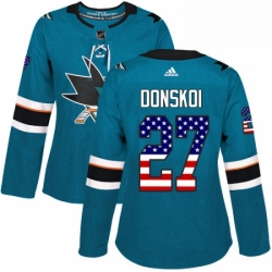 Womens Adidas San Jose Sharks 27 Joonas Donskoi Authentic Teal Green USA Flag Fashion NHL Jersey 