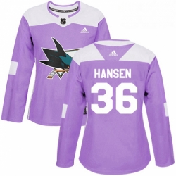 Womens Adidas San Jose Sharks 36 Jannik Hansen Authentic Purple Fights Cancer Practice NHL Jersey 