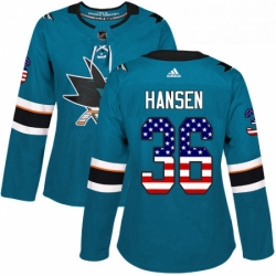 Womens Adidas San Jose Sharks 36 Jannik Hansen Authentic Teal Green USA Flag Fashion NHL Jersey 