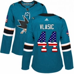 Womens Adidas San Jose Sharks 44 Marc Edouard Vlasic Authentic Teal Green USA Flag Fashion NHL Jersey 