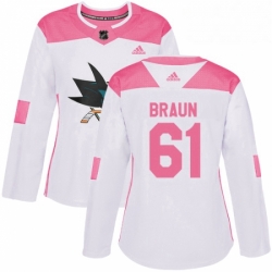 Womens Adidas San Jose Sharks 61 Justin Braun Authentic WhitePink Fashion NHL Jersey 