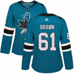 Womens Adidas San Jose Sharks 61 Justin Braun Premier Teal Green Home NHL Jersey 