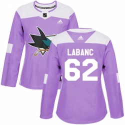 Womens Adidas San Jose Sharks 62 Kevin Labanc Authentic Purple Fights Cancer Practice NHL Jersey 