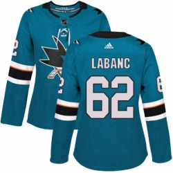 Womens Adidas San Jose Sharks 62 Kevin Labanc Authentic Teal Green Home NHL Jersey 