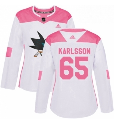 Womens Adidas San Jose Sharks 65 Erik Karlsson Authentic White Pink Fashion NHL Jersey 