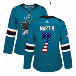 Womens Adidas San Jose Sharks 7 Paul Martin Authentic Teal Green USA Flag Fashion NHL Jersey 