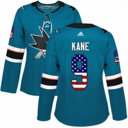 Womens Adidas San Jose Sharks 9 Evander Kane Authentic Teal Green USA Flag Fashion NHL Jersey 