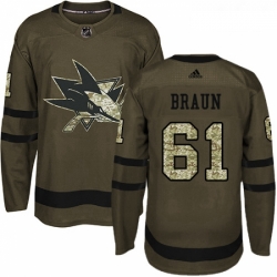Youth Adidas San Jose Sharks 61 Justin Braun Authentic Green Salute to Service NHL Jersey 