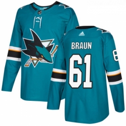 Youth Adidas San Jose Sharks 61 Justin Braun Authentic Teal Green Home NHL Jersey 