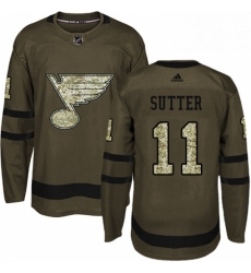 Mens Adidas St Louis Blues 11 Brian Sutter Authentic Green Salute to Service NHL Jersey 