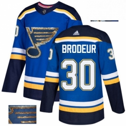 Mens Adidas St Louis Blues 30 Martin Brodeur Authentic Royal Blue Fashion Gold NHL Jersey 