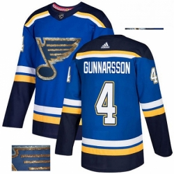 Mens Adidas St Louis Blues 4 Carl Gunnarsson Authentic Royal Blue Fashion Gold NHL Jersey 