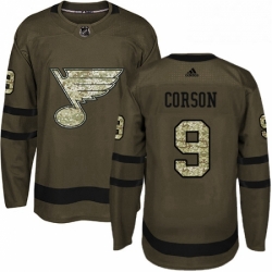 Mens Adidas St Louis Blues 9 Shayne Corson Authentic Green Salute to Service NHL Jersey 