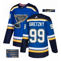 Mens Adidas St Louis Blues 99 Wayne Gretzky Authentic Royal Blue Fashion Gold NHL Jersey 