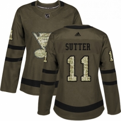 Womens Adidas St Louis Blues 11 Brian Sutter Authentic Green Salute to Service NHL Jersey 