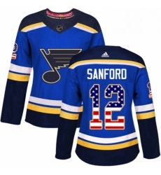 Womens Adidas St Louis Blues 12 Zach Sanford Authentic Blue USA Flag Fashion NHL Jersey 