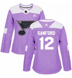 Womens Adidas St Louis Blues 12 Zach Sanford Authentic Purple Fights Cancer Practice NHL Jersey 