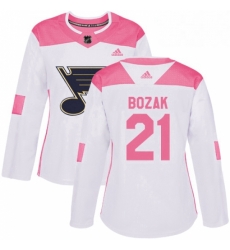 Womens Adidas St Louis Blues 21 Tyler Bozak Authentic White Pink Fashion NHL Jersey 