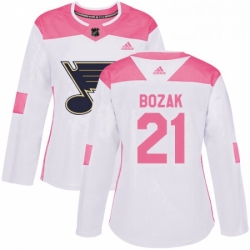 Womens Adidas St Louis Blues 21 Tyler Bozak Authentic White Pink Fashion NHL Jersey 