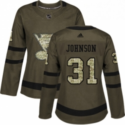 Womens Adidas St Louis Blues 31 Chad Johnson Authentic Green Salute to Service NHL Jersey 