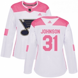 Womens Adidas St Louis Blues 31 Chad Johnson Authentic White Pink Fashion NHL Jersey 
