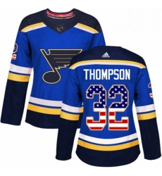 Womens Adidas St Louis Blues 32 Tage Thompson Authentic Blue USA Flag Fashion NHL Jersey 