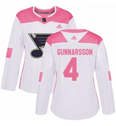 Womens Adidas St Louis Blues 4 Carl Gunnarsson Authentic WhitePink Fashion NHL Jersey 