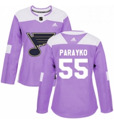 Womens Adidas St Louis Blues 55 Colton Parayko Authentic Purple Fights Cancer Practice NHL Jersey 