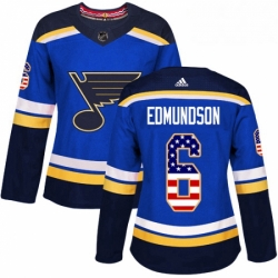 Womens Adidas St Louis Blues 6 Joel Edmundson Authentic Blue USA Flag Fashion NHL Jersey 