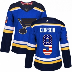 Womens Adidas St Louis Blues 9 Shayne Corson Authentic Blue USA Flag Fashion NHL Jersey 