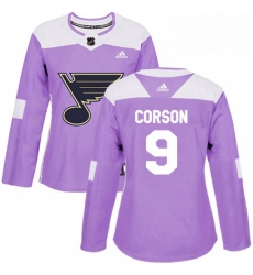 Womens Adidas St Louis Blues 9 Shayne Corson Authentic Purple Fights Cancer Practice NHL Jersey 