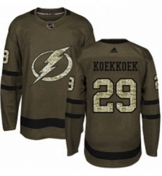 Mens Adidas Tampa Bay Lightning 29 Slater Koekkoek Authentic Green Salute to Service NHL Jersey 