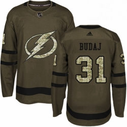 Mens Adidas Tampa Bay Lightning 31 Peter Budaj Authentic Green Salute to Service NHL Jersey 