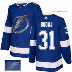 Mens Adidas Tampa Bay Lightning 31 Peter Budaj Authentic Royal Blue Fashion Gold NHL Jersey 